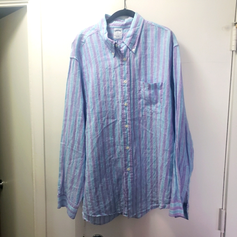 Brooks Brothers 100% linen Slim Fit blue and purple striped shirt size XL